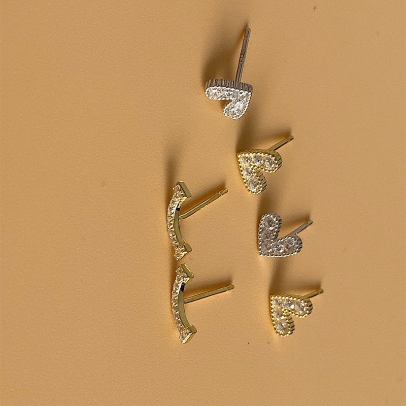 4Pairs Custom Simple Design 925 Sterling Sliver Geometric Girls Jewelry Zircon Heart Stud Earrings Set for Women