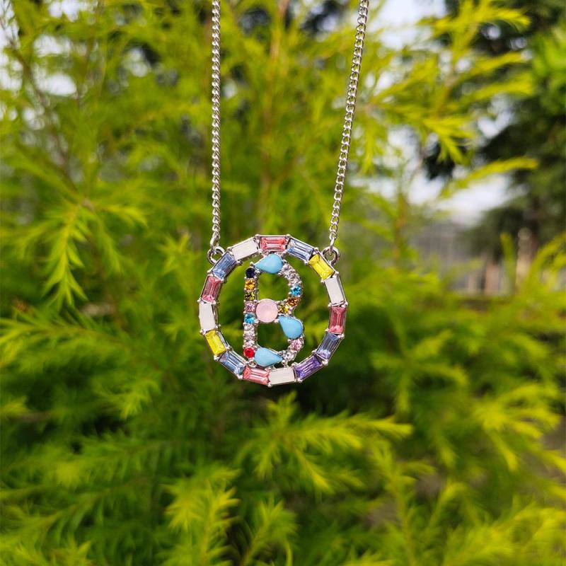 Fashion Design CZ Alphabet Initial A-Z Letter Silver Plated Pendant Chain Necklace Jewelry Letters Diamond Necklace Custom