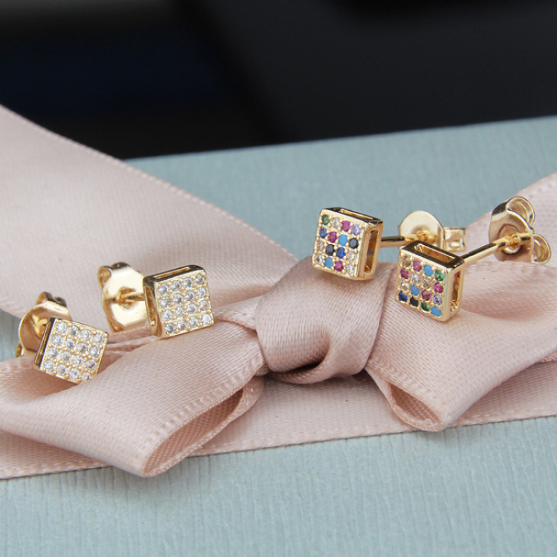 E-commerce Best Selling Gold Plated Multi Colors Zircon Pave Small Square Stud Earring for Sale