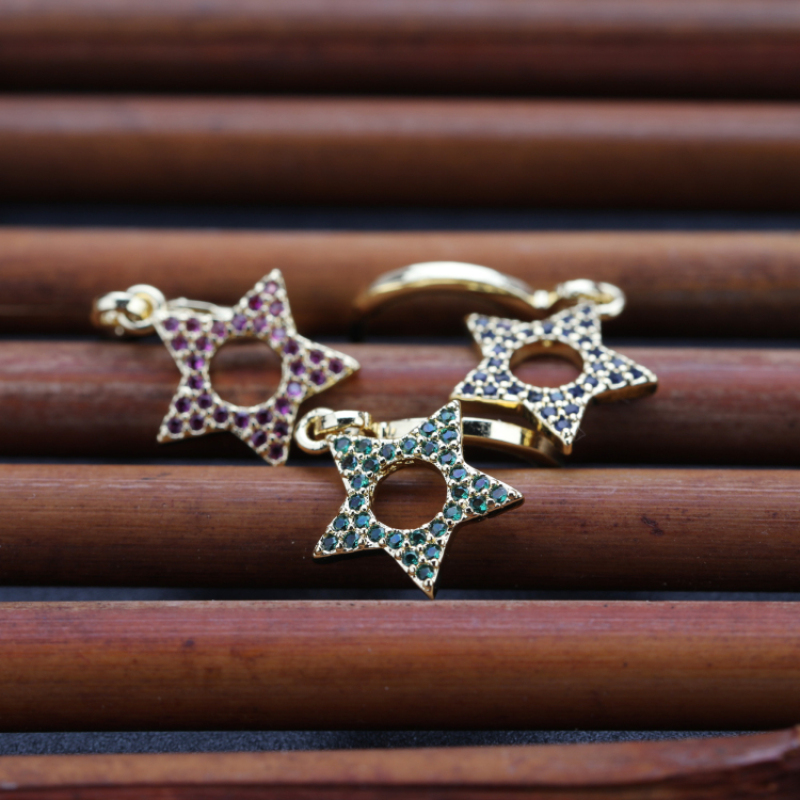 Fuchsia Emerald Sapphire Zirconia Pave Five Star Dangle Pendant Earring Gold Copper Earring