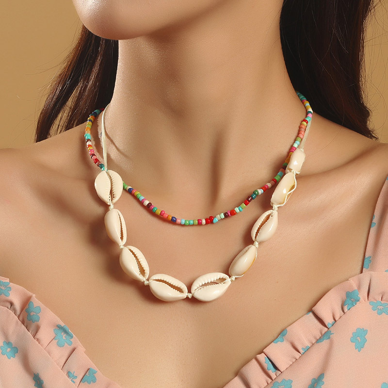 Bohemia fashion summer muti color seed beads chain layered shell necklace for women