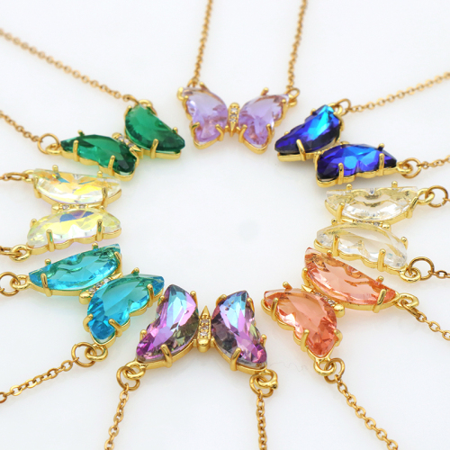 Gold Plated Stainless Steel Glass Chain Charms Pendant Crystal Butterfly Necklace for Women