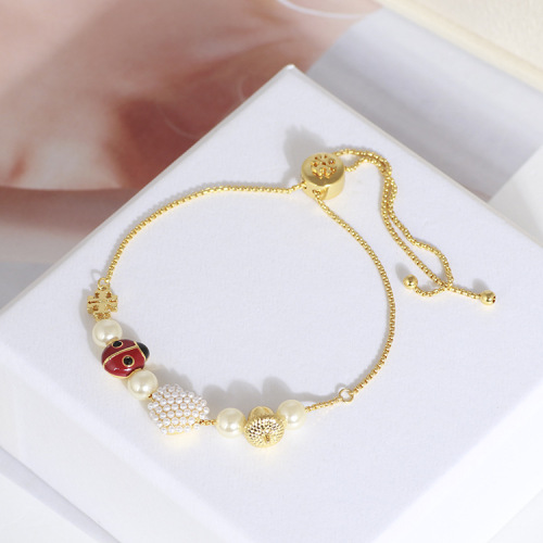 Luxury heart pearl beaded bracelets jewelry adjustable 18k gold plated pine cone ladybird bracelet for women