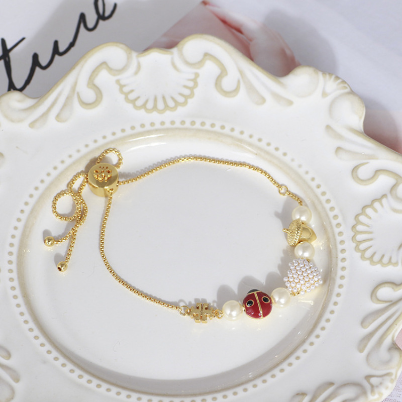 Luxury heart pearl beaded bracelets jewelry adjustable 18k gold plated pine cone ladybird bracelet for women