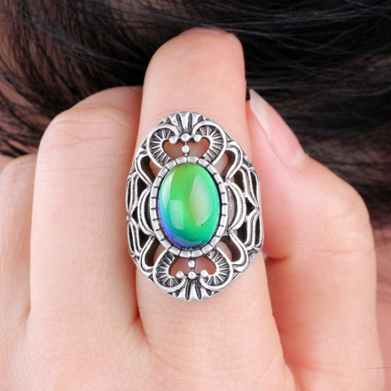 Mood Stone Ring Antique Silver Exaggerated Design Luxury for Women Gemstone Rings Channel Setting Glass Gift Bar Setting Alloy