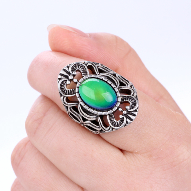 Mood Stone Ring Antique Silver Exaggerated Design Luxury for Women Gemstone Rings Channel Setting Glass Gift Bar Setting Alloy