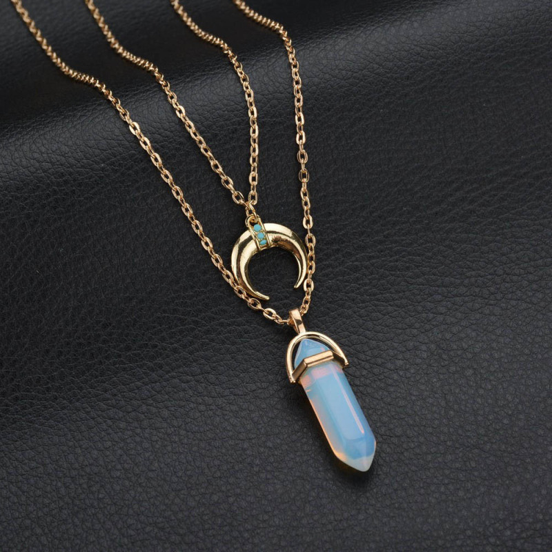Fancy Layered Gold Plated Chain Moon Charm 6 Colors Natural Stone Pendant Necklace for Women