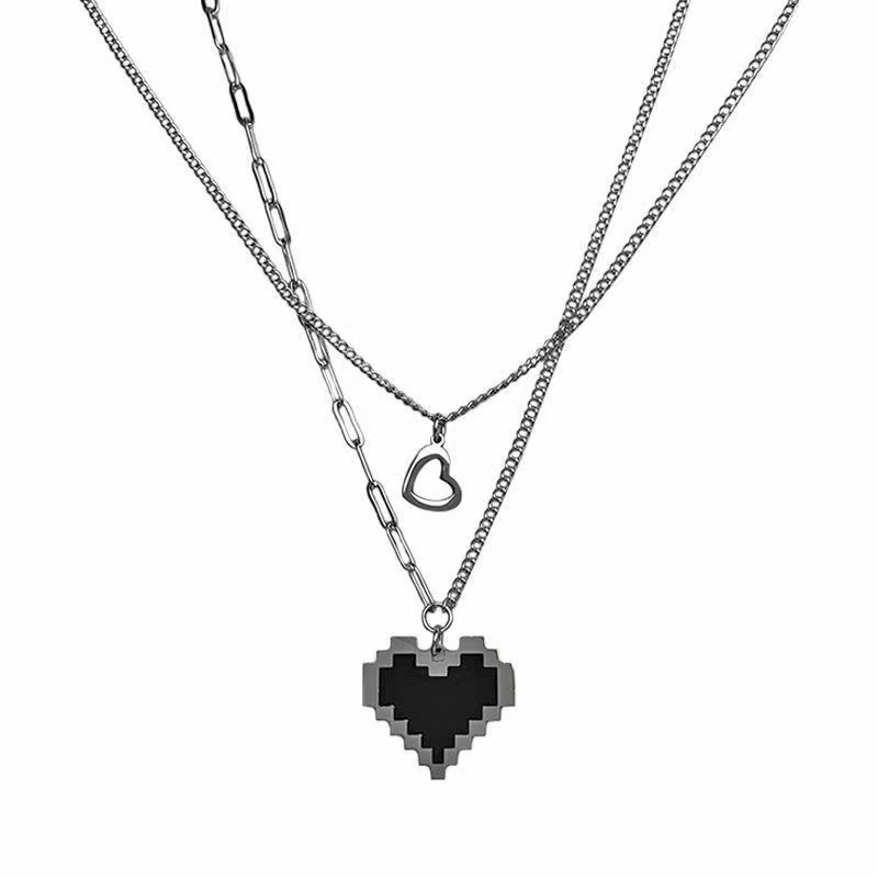 Black mosaic love pixel peach heart double layer stacked necklace female ins cold wind clavicle chain necklace