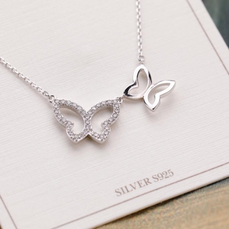 Fashion Women's Zircon Micro Pave Polished Butterfly Pendant Necklace