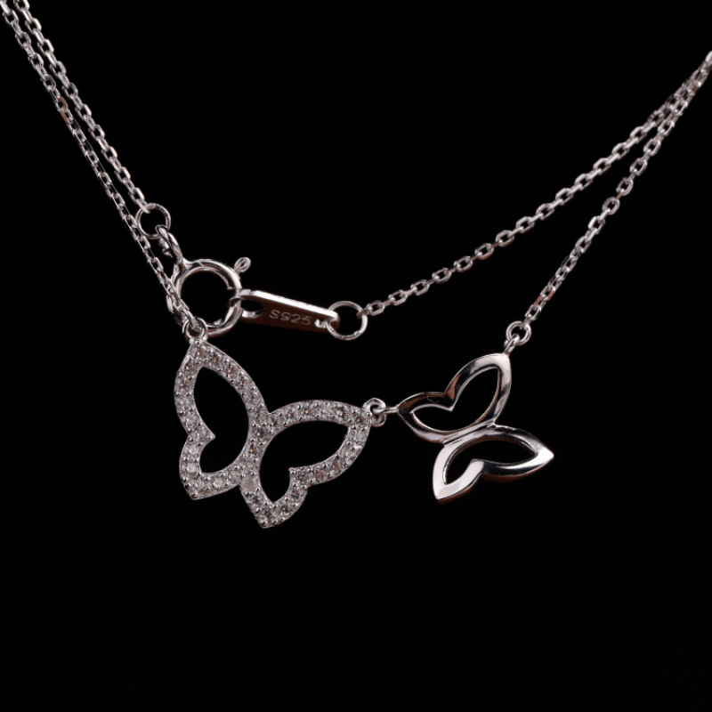 Fashion Women's Zircon Micro Pave Polished Butterfly Pendant Necklace