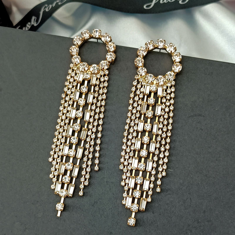 925 Silver Needle Rhinestone Exaggerated Personality Zircon Flash Diamond Long Tassel Earrings for Women