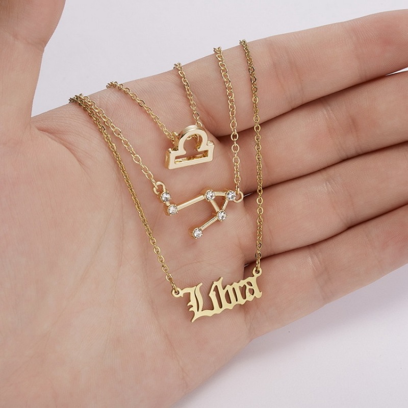 Gold Plated Customized Zircon Symbol Star Alphabet Chain Crystal Pendant Zodiac Necklace for Women