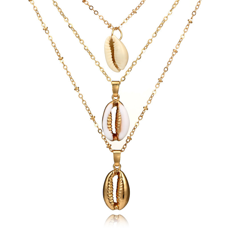 Summer Bohemian Style Women Multilayer Alloy and Natural Sea Shell Pendant Necklace