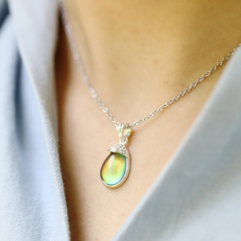 Top Selling Womens Gift Stainless Steel Chain Rhodium Plated Pendant Mood Stone Necklace