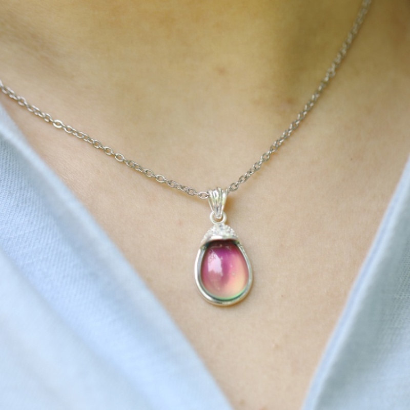 High Quality Handmade Color Change Mood Stone Necklace Drop Shape Silver Pendant Necklace