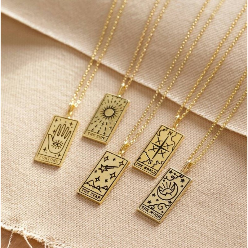 Personalized Custom Gold Plated Stainless Steel Ball Chain Moon Star Sun Amulet Tarot Card Pendant Necklace