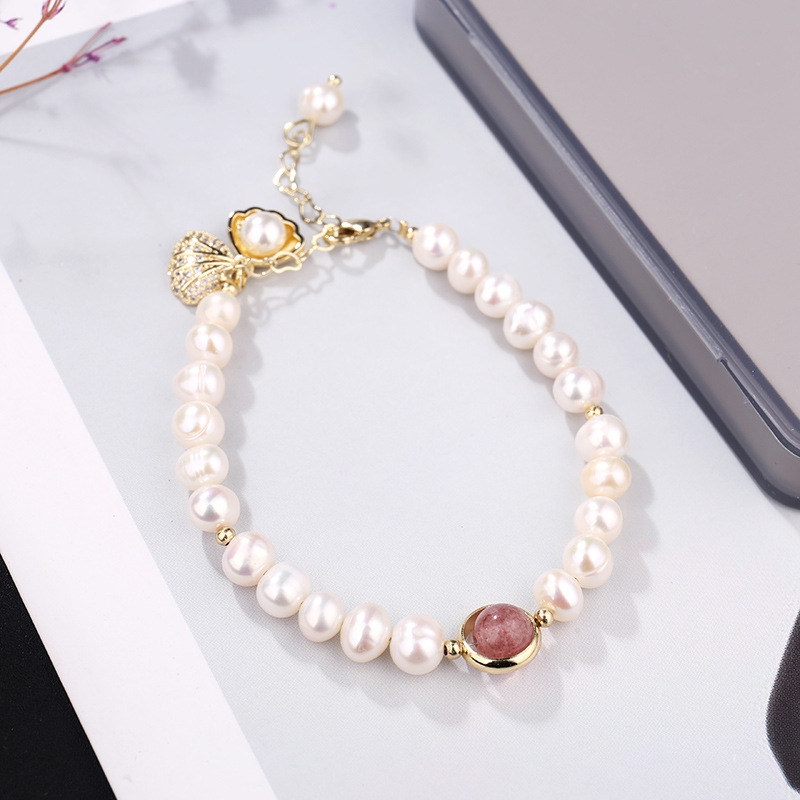 Handmade 18K Gold Plated Bangles Women Accessories Jewelry Micro Insert Rhinestone Shell Pearl Bracelet