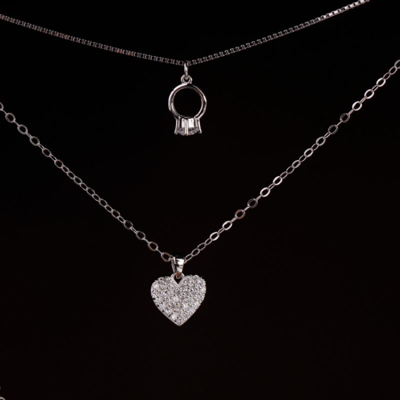 S925 Sterling Silver Multilayer Heart Pendant Necklace Small Diamand Ring Charm Necklace 2021