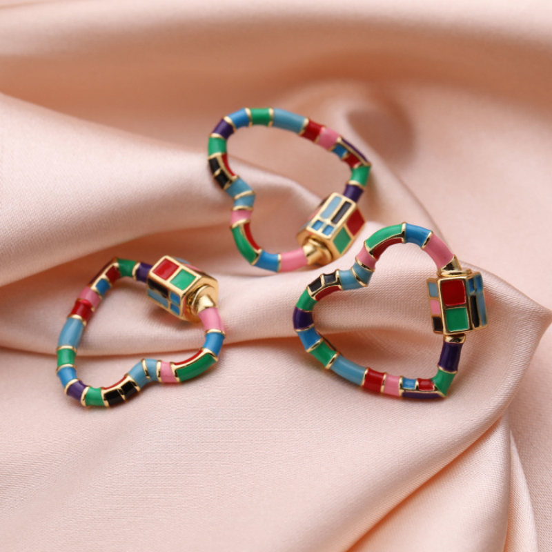 Gold Plated Multi Color Enameled Screw Clasp Brass Heart Pendant for Necklace Making