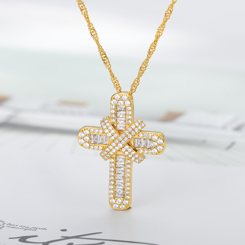 Wholesale Hot Selling Gold Plated Cross Pendant Necklace Jewelry Micro Zircon Cross Necklace Chain Stainless Steel