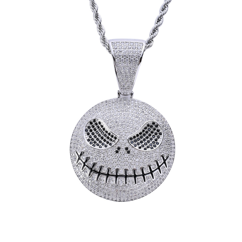Luxury hiphop necklace jewelry stainless steel skull ghost rhinestone pendant Halloween crystal necklace for man women