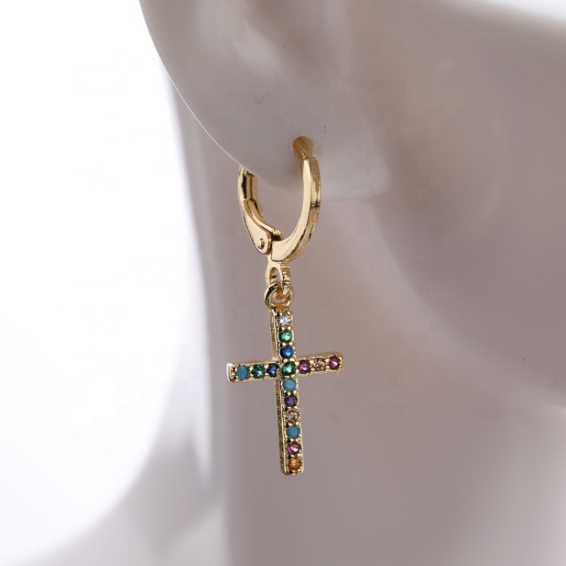 New Arrival High Quality Fashion Gold Plated Zircon Jewelry Cross Earrings Leverback Crucifix Hoop Drop Earing Pendant For Women