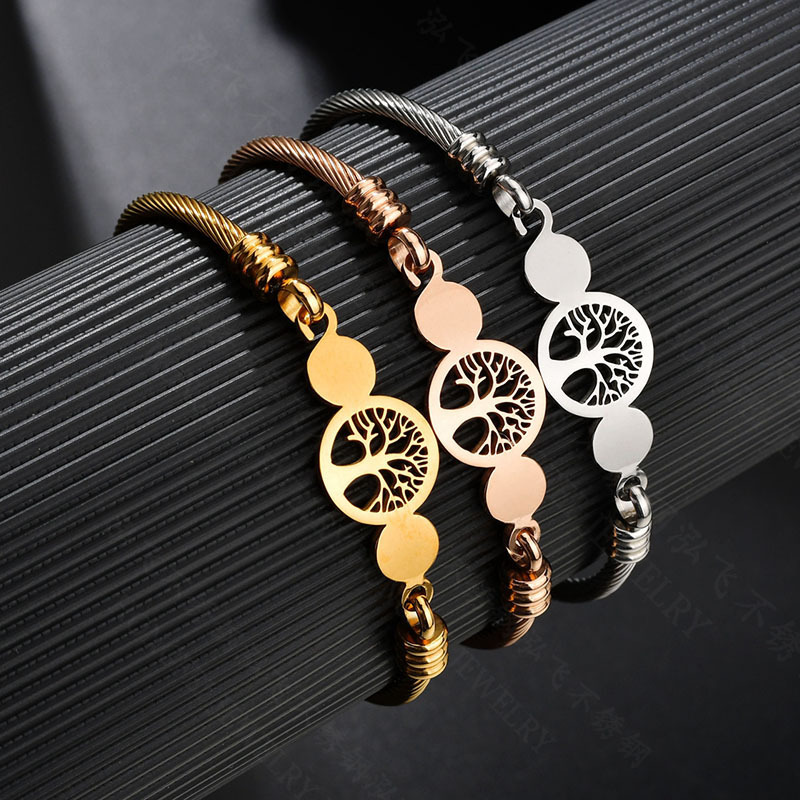 Hot Sale Gold Plated Jewelry Life Tree Stainless Steel Cable Wire Bangles Bracelet for Women