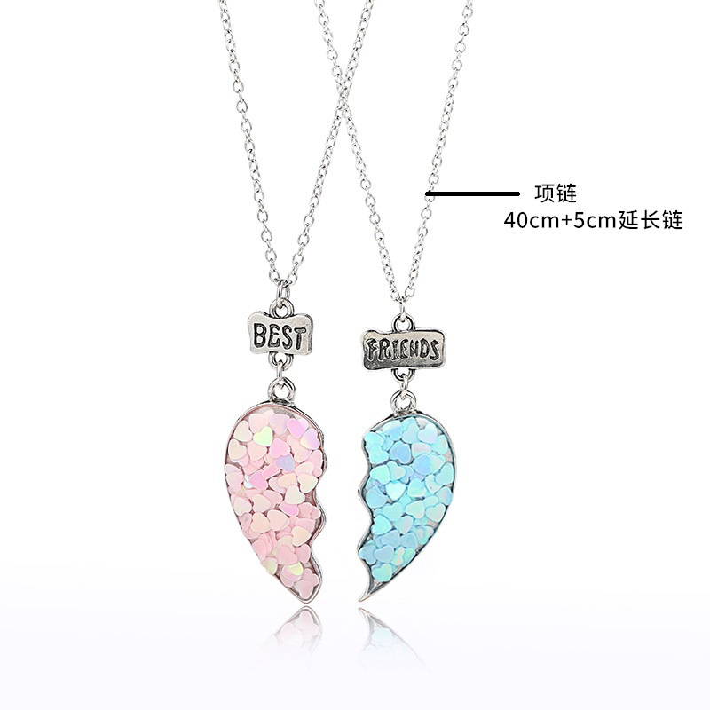 New good friends drip cartoon alloy jewelry sequins love shaped couple necklace bracelet set
