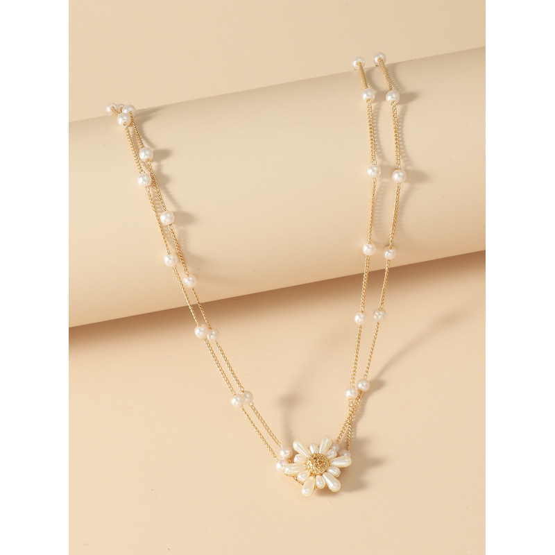 2021 New Fashion Simple Temperament Small Fresh Alloy Double Layer Pearl Flower Pendants Necklace