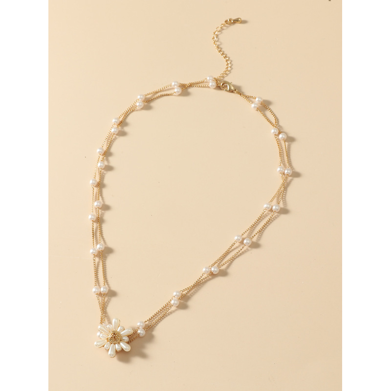 2021 New Fashion Simple Temperament Small Fresh Alloy Double Layer Pearl Flower Pendants Necklace