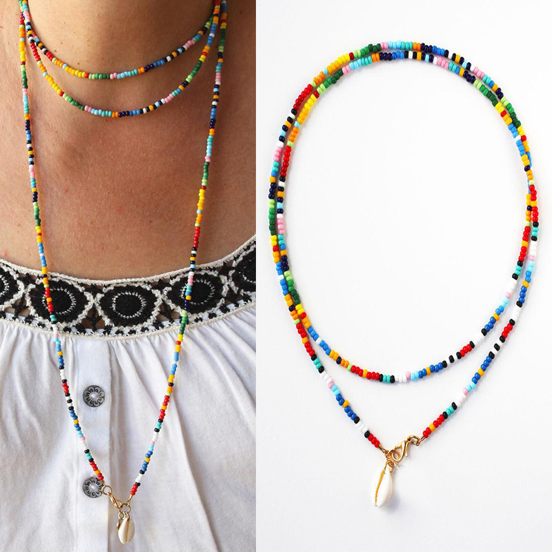 Colorful Seed Beads Necklace for Women Fashion Bohemian Summer Shell Pendant Necklace