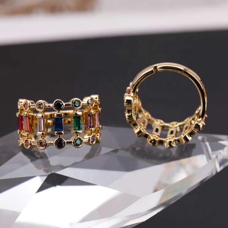 Handmade Fashion Jewelry Gold Plated Brass Chromatic Zircon Adjustable Rings Women Micro Insert Hollowed Ring Gifts
