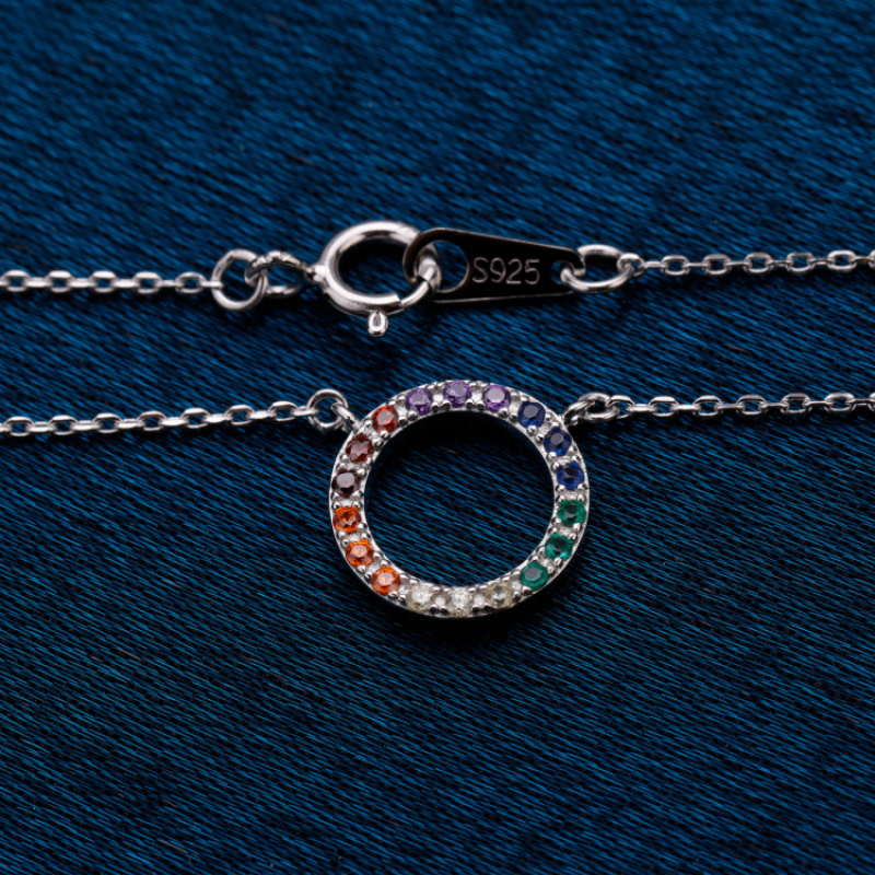 Multi-colors CZ Micro Pave S925 Sterling Silver Circle Pendant Necklace