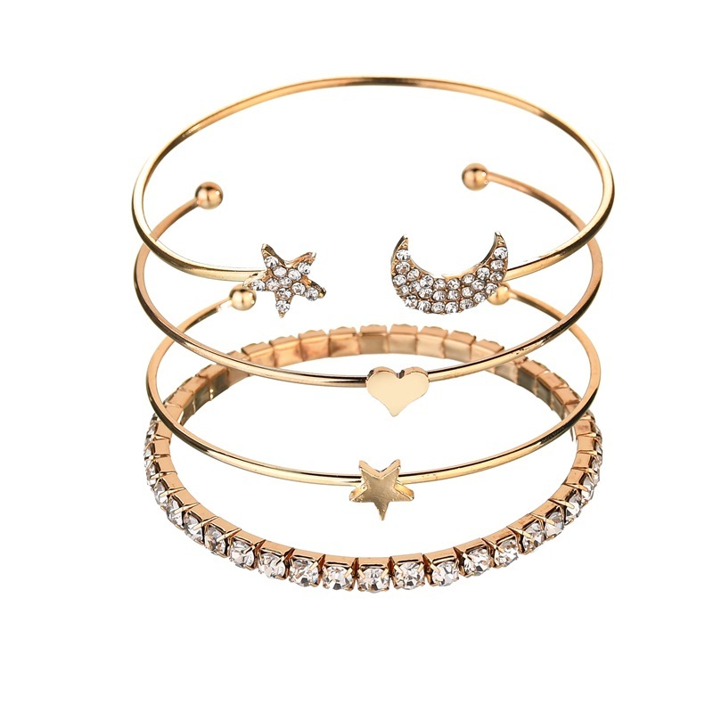Creative five-pointed star heart set with rhinestone stars and moon bracelets