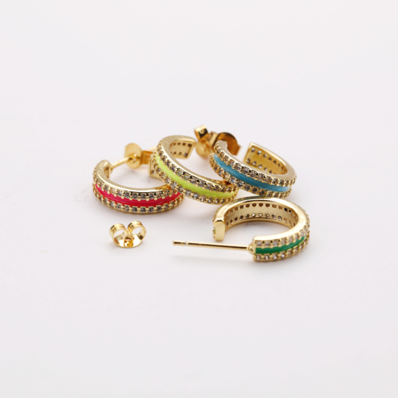 2021 Wholesale Green Red and Blue Enameled CZ Micro Pave Zircon Hypoallergenic 14K Gold Plated C Shape Stud Huggie Earrings