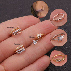 Luxury Crystal Nostril Rings Face Jewelry Ear Non Tarnish Gold Copper Hoop Real Pierced CZ Flower Septum Nose Rings For Women