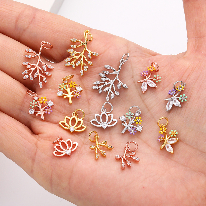 Diy 18k Gold Lotus Pendant Jewelry Making  Plated Leaves Flowers Earring Charms Necklaces Bracelet Copper Zircon Accessory