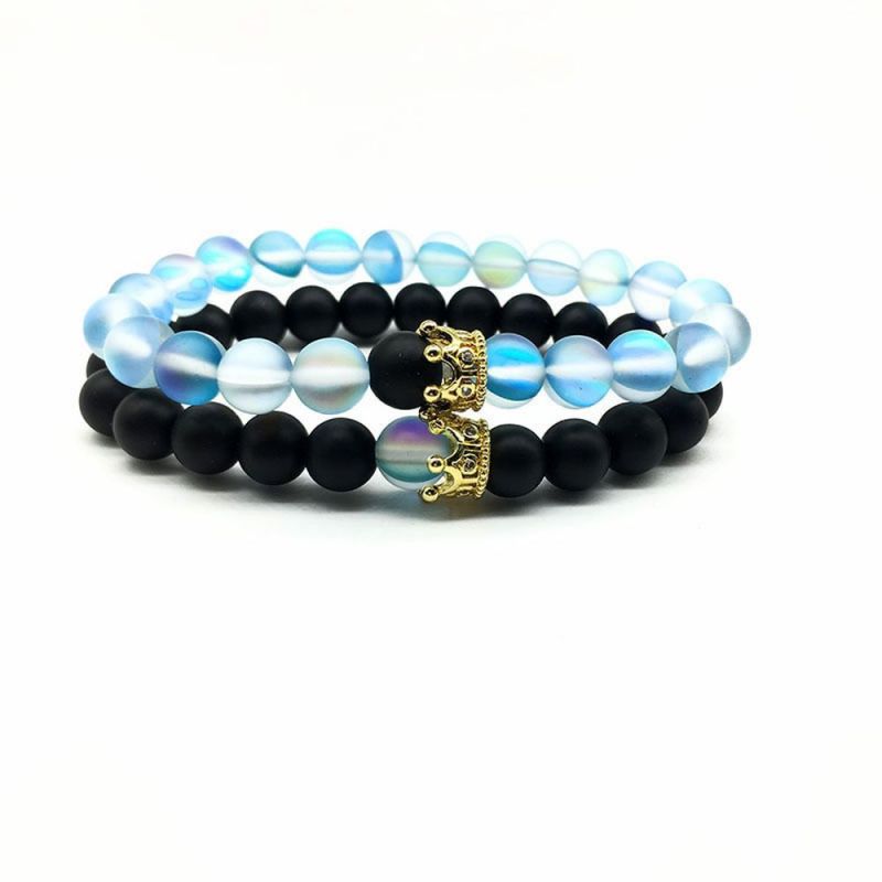 2021 New Design Customized Crown Charm Black Agate Glass Aurora Bead Distance Bracelet for Couple