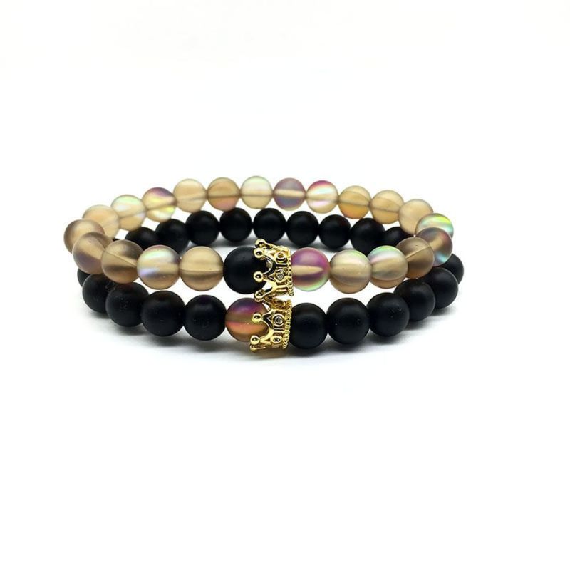 2021 New Design Customized Crown Charm Black Agate Glass Aurora Bead Distance Bracelet for Couple