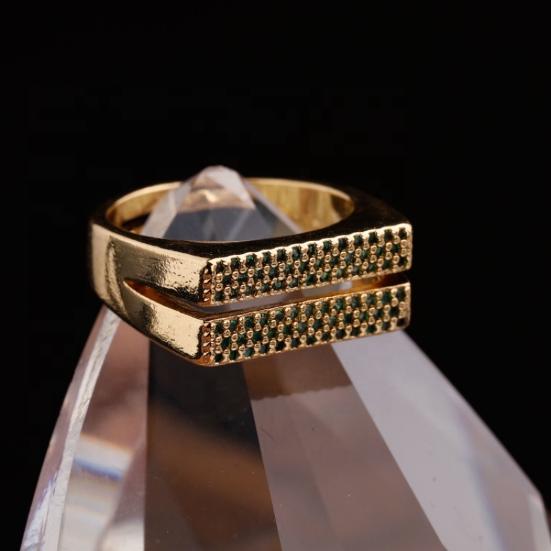 Hot Selling Emerald CZ Micro Pave Gold Plating Double layer Adjustable Ring For New Year Valentine gifts