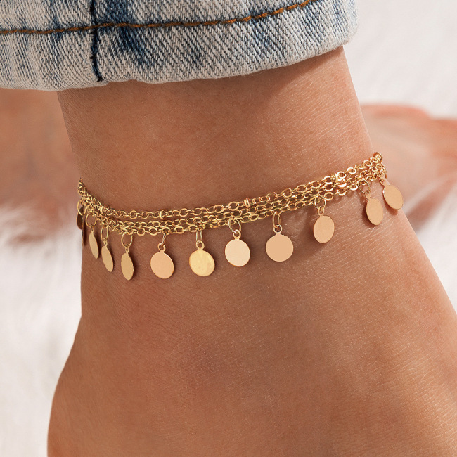 Fashion Jewelry Simple Alloy Set Disc Tassel Multi-layer Sequined Pendant Anklets With Charms