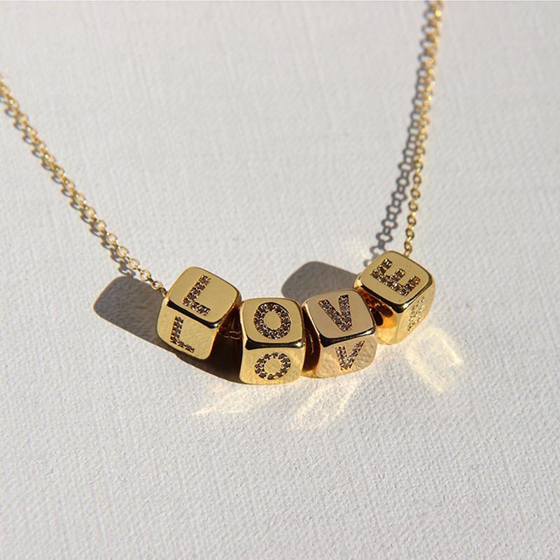 Hot Sales 26 Letters Custom Necklaces Cube Initial Necklaces for Women Cubic Zirconia Gold Color Minimalist Necklace
