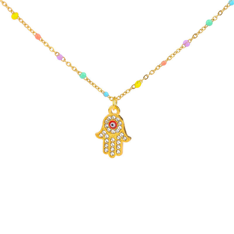 CZ Micro Pave Gold and Silver Plated Copper Turkish Eye Palm Charm Necklace