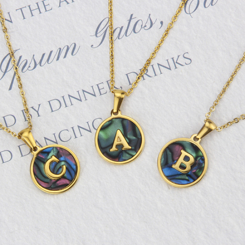 New Trendy Women's Abalone Shell Pendant Necklace Gold Letter Alphabet Necklace with Chain