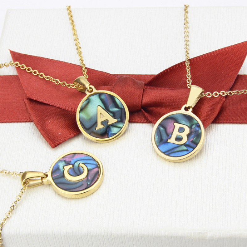 New Trendy Women's Abalone Shell Pendant Necklace Gold Letter Alphabet Necklace with Chain