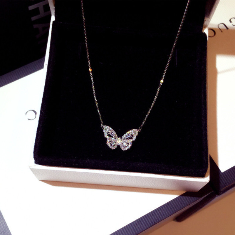 Rose Gold Plated Zircon Brass Diamond Link Chain Pendant Crystal Butterfly Necklace for Women
