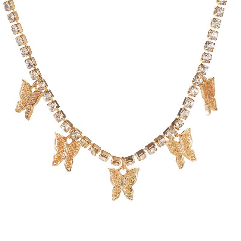 Hot Sale Hip Hop Style Gold Plated Butterfly Charm Tennis Chain Necklace for Women