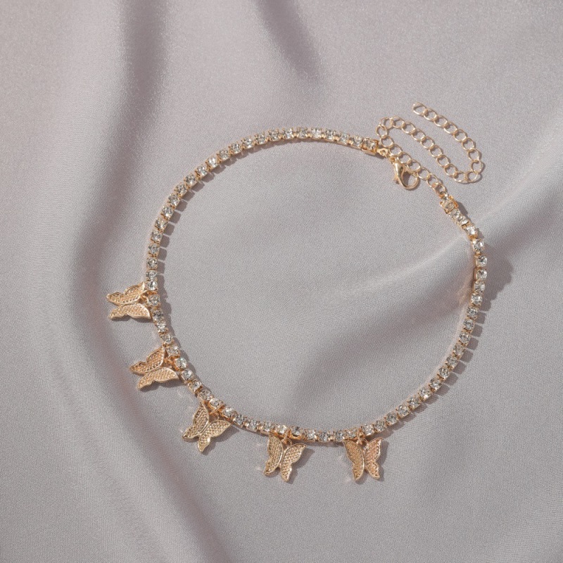 Hot Sale Hip Hop Style Gold Plated Butterfly Charm Tennis Chain Necklace for Women