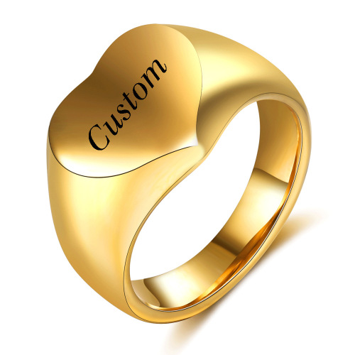 Popular Gold Plated Stainless Steel Custom Name Engraved Logo Heart Shape Signet Eternity Ring