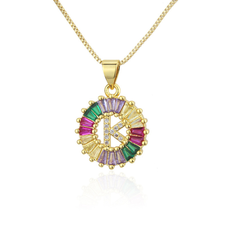 Gold Plated Multi Color Zircon Circle Pendant Necklace Brass English Letter Necklace for Wholesale